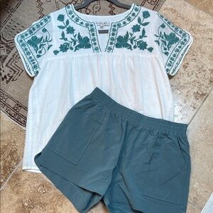 JOY JOY Embroidered Top with matching Teal Shorts
